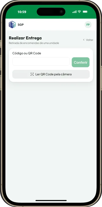 Tela Realizar Entrega com o campo do código ou QR Code