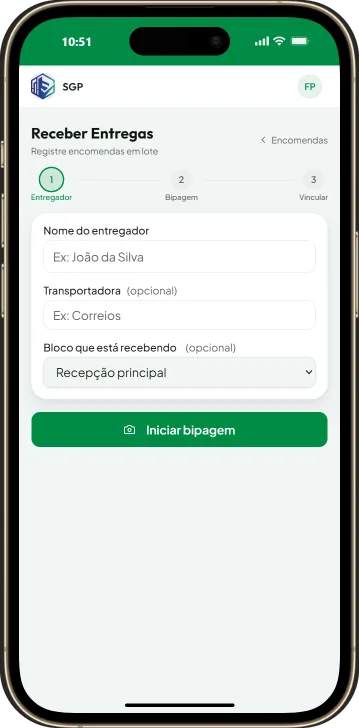 Tela Receber Entregas no celular, com o nome do entregador, a transportadora e o bloco que está recebendo